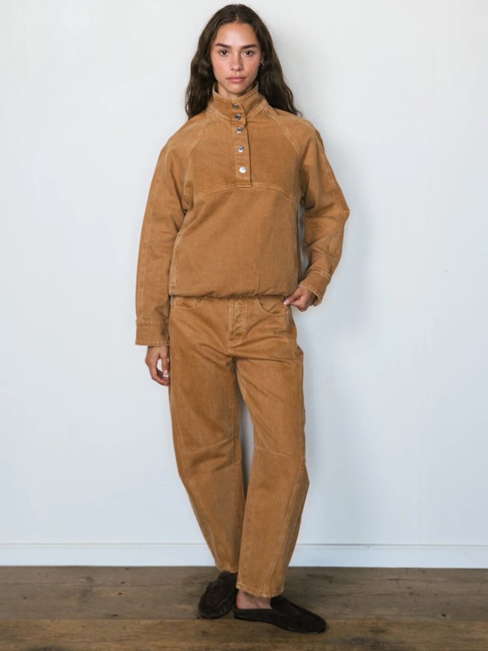 PARKE Brown Denim Snap Neck Pullover Oversized Long Sleeve S/M